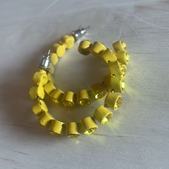 Yellow Powder Coated Rhinestone Hoop Earrings - Picture 10 of 12